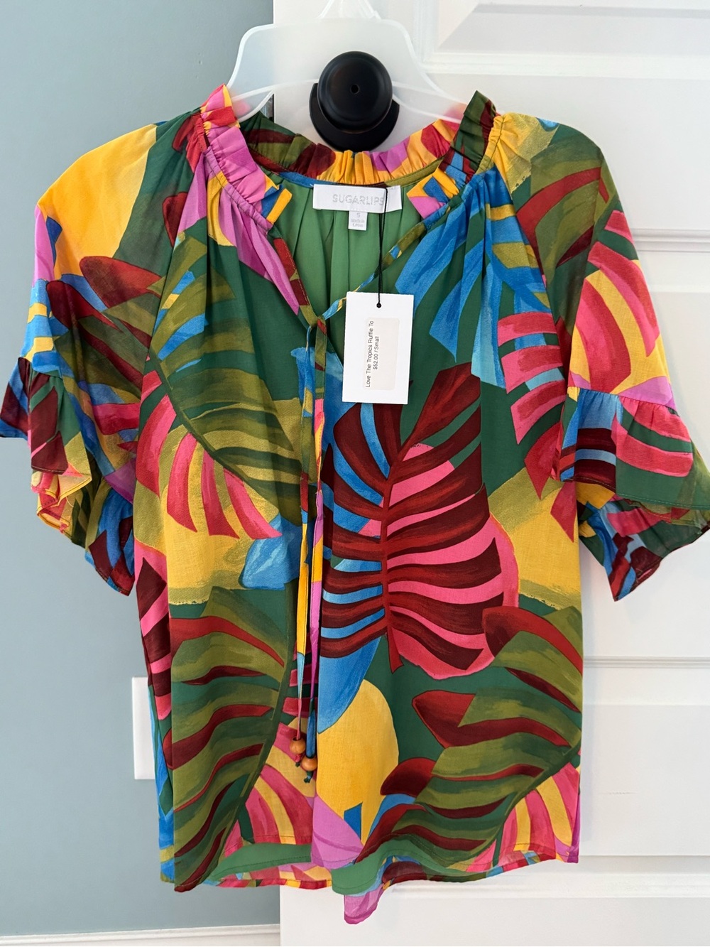 Sugarlips Green Tropical Multi-Color Tie-Neck Blouse